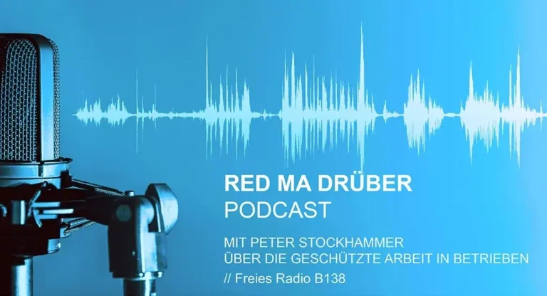 Ein Bild mit Mikrofon und einer Audiospur informiert über den Podcast von Peter Stockhammer über die geschützte Arbeit in Betrieben, FAB.